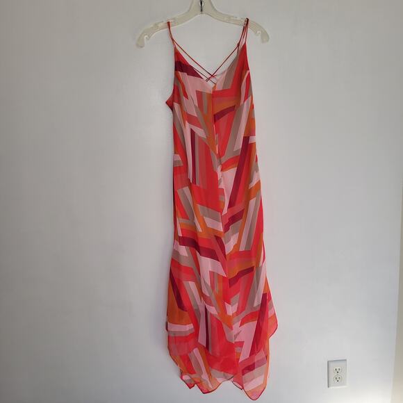 Calvin Klein Pink Geometric Print Dress Strappy Midi Handkerchief Hem Women 8 - Picture 11 of 14